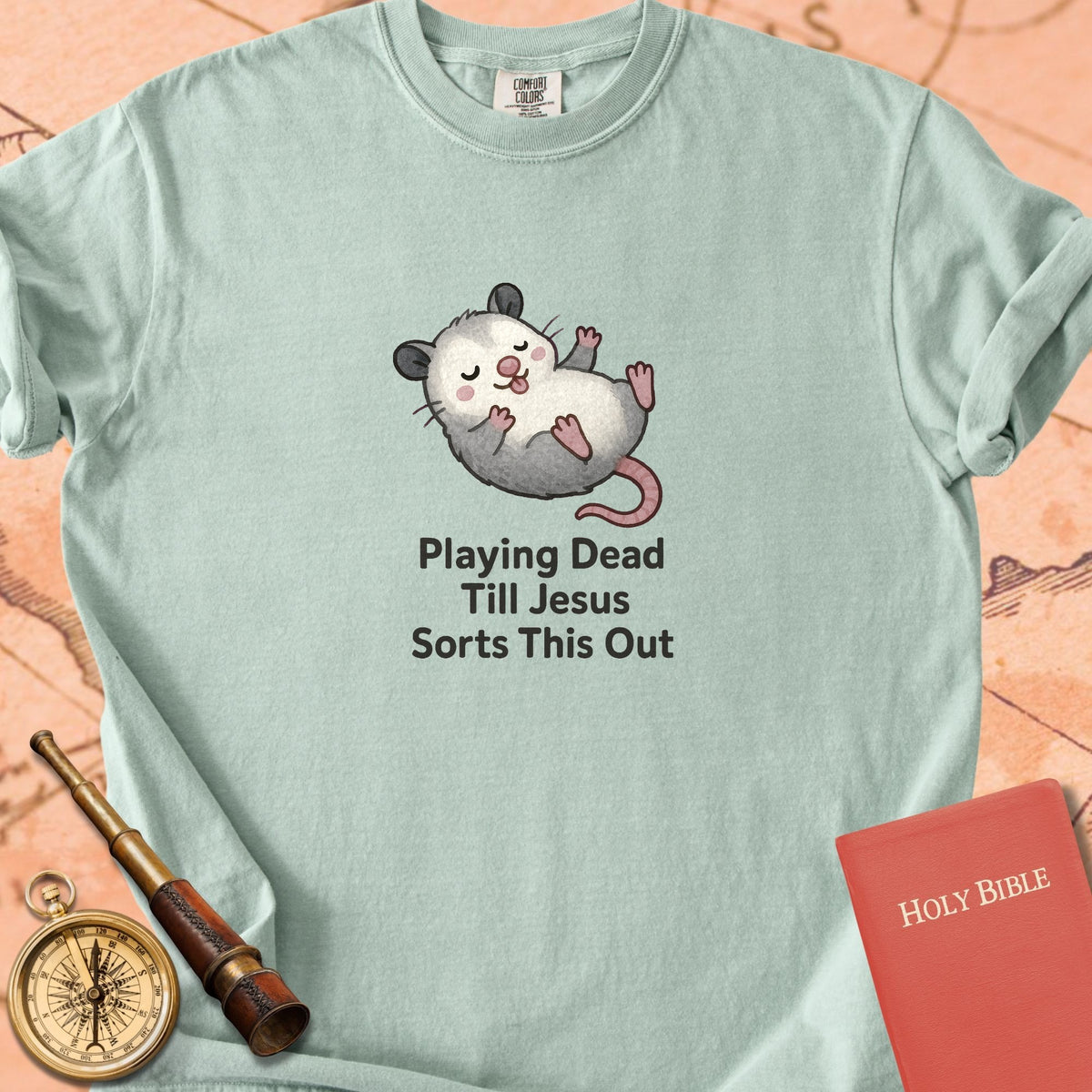 Playing Dead Till Jesus Sorts This Out — Cute Possum Premium T-shirt — Bay Comfort Colors