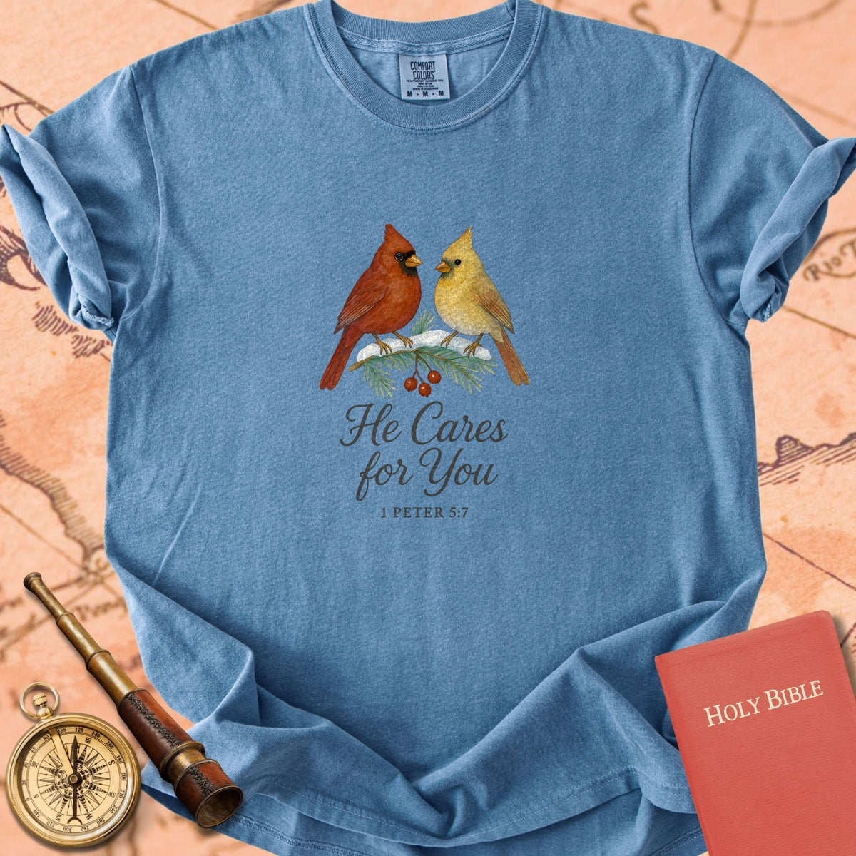He Cares for You — Cardinals Premium T-shirt — Blue Jean Comfort Colors