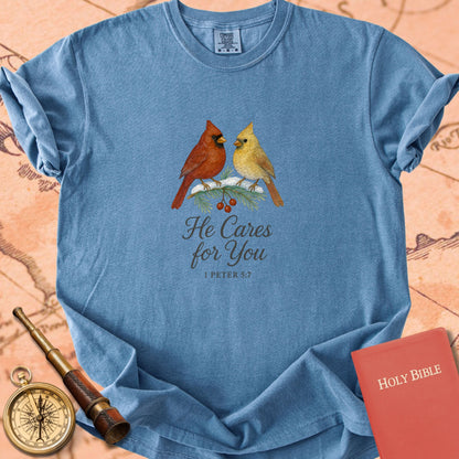 He Cares for You — Cardinals Premium T-shirt — Blue Jean Comfort Colors