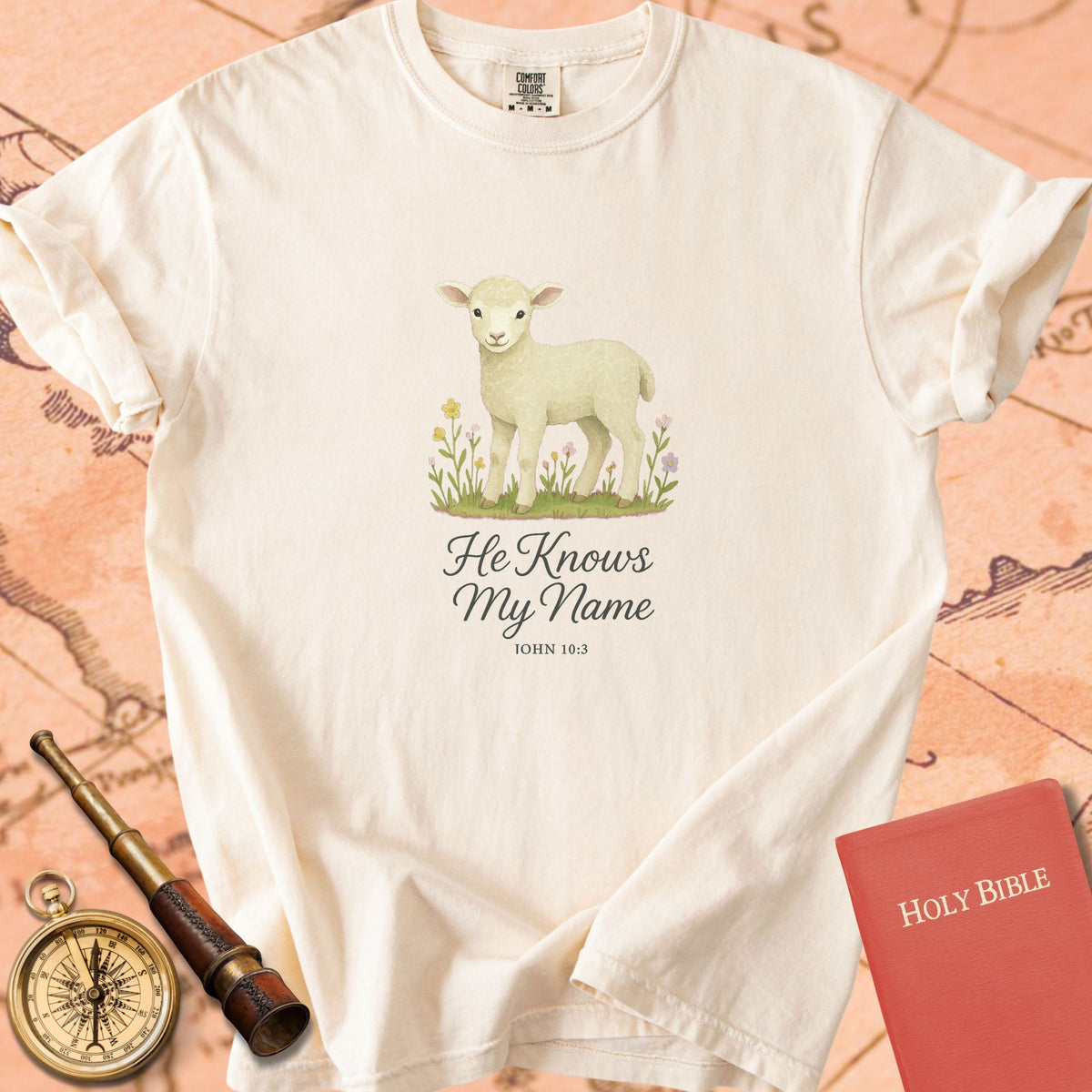 He Knows My Name — Lamb Premium T-shirt — Ivory Comfort Colors