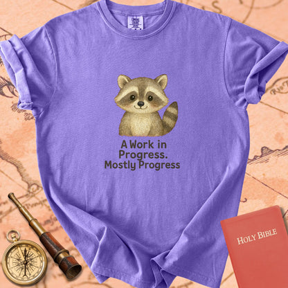 A Work in Progress, Mostly Progress — Cute Raccoon Premium T-shirt — Violet Comfort Colors