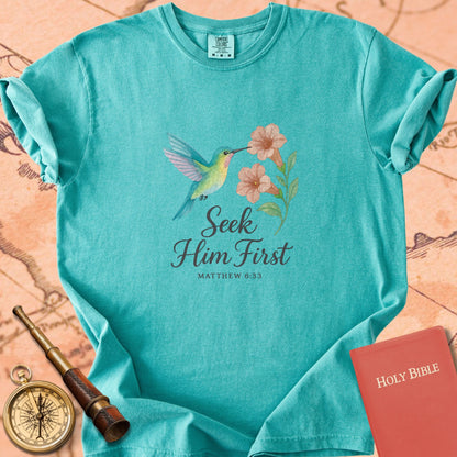 Seek Him First — Hummingbird Premium T-shirt — Seafoam Comfort Colors