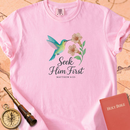 Seek Him First — Hummingbird Premium T-shirt — Blossom Comfort Colors