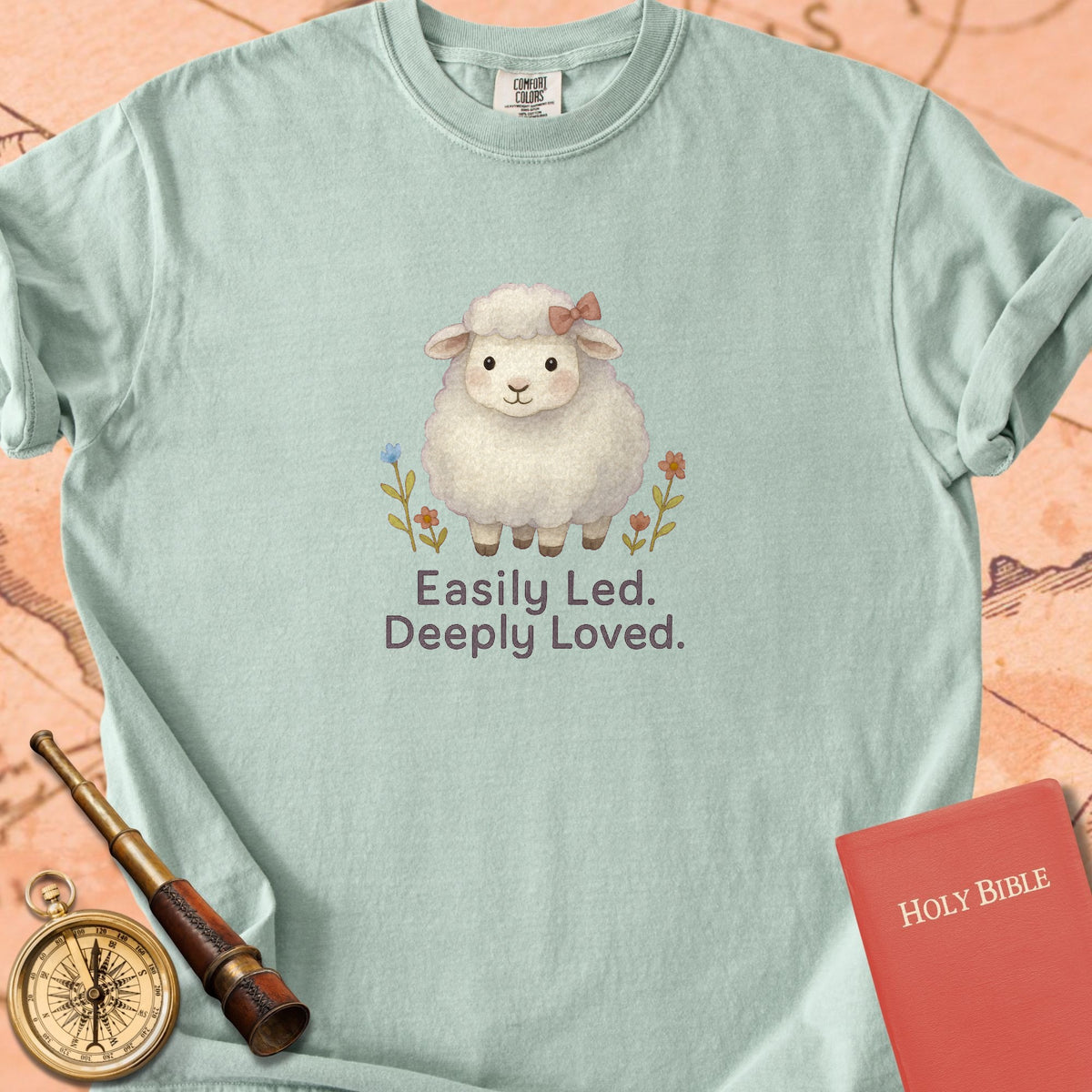 Easily Led, Deeply Loved — Cute Sheep Premium T-shirt — Bay Comfort Colors