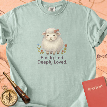 Easily Led, Deeply Loved — Cute Sheep Premium T-shirt — Bay Comfort Colors