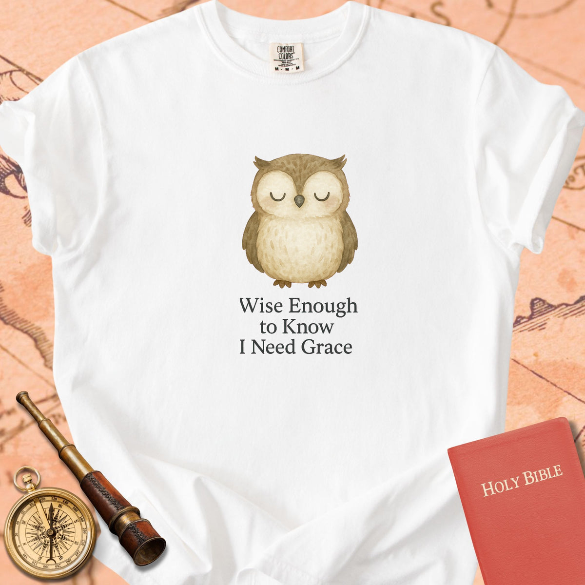 Wise Enough to Know I Need Grace — Cute Owl Premium T-shirt — White Comfort Colors