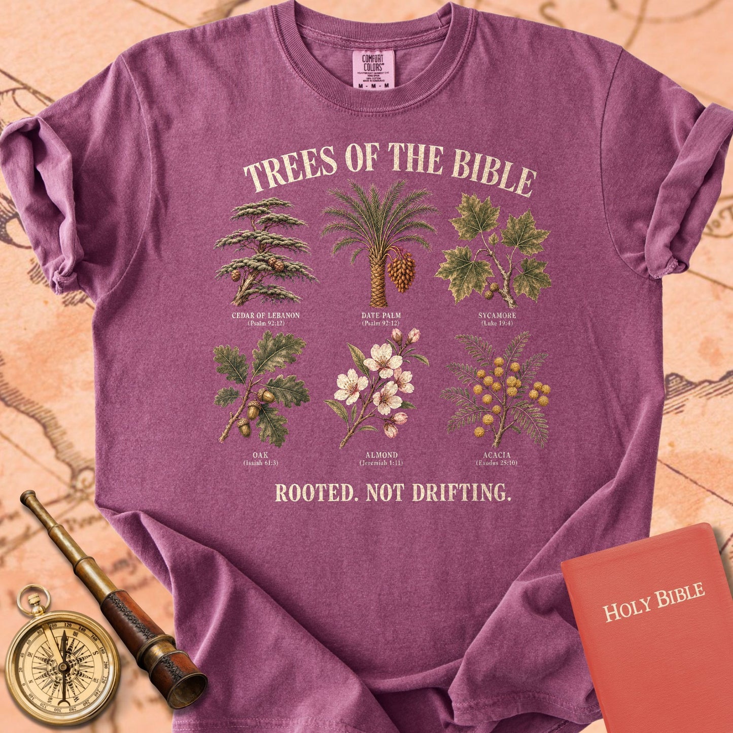 Trees of the Bible "Rooted. Not Drifting." | Psalm 92:12 Botanical Christian Tee