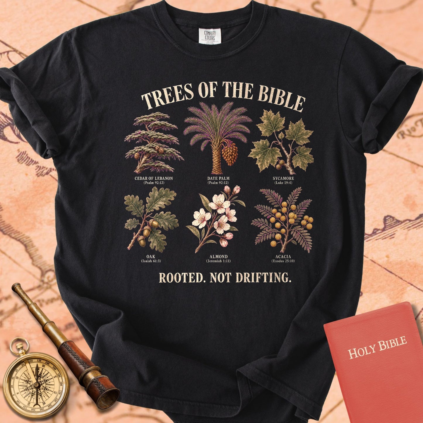 Trees of the Bible "Rooted. Not Drifting." | Psalm 92:12 Botanical Christian Tee