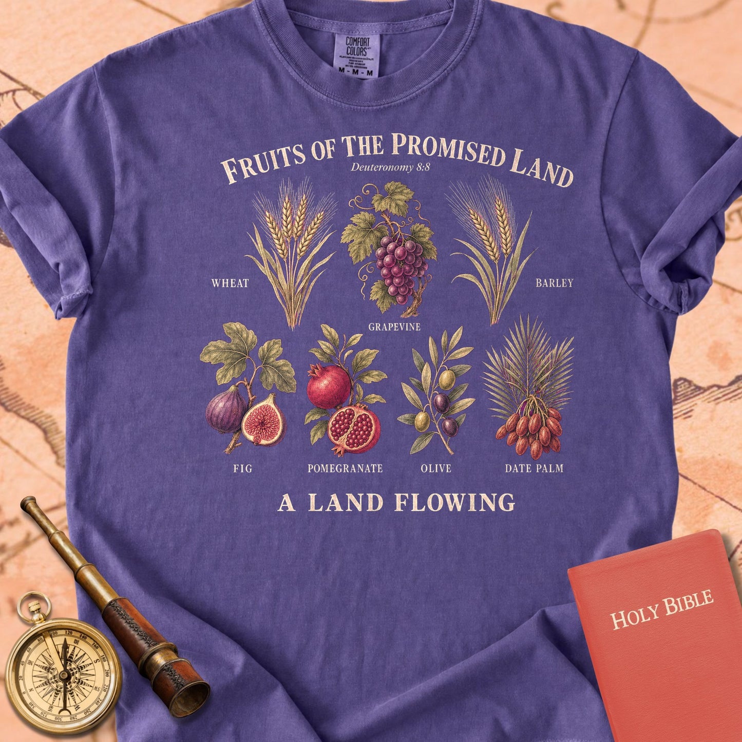 Fruits of the Promised Land "A Land Flowing" | Deuteronomy 8:8 Christian Tee