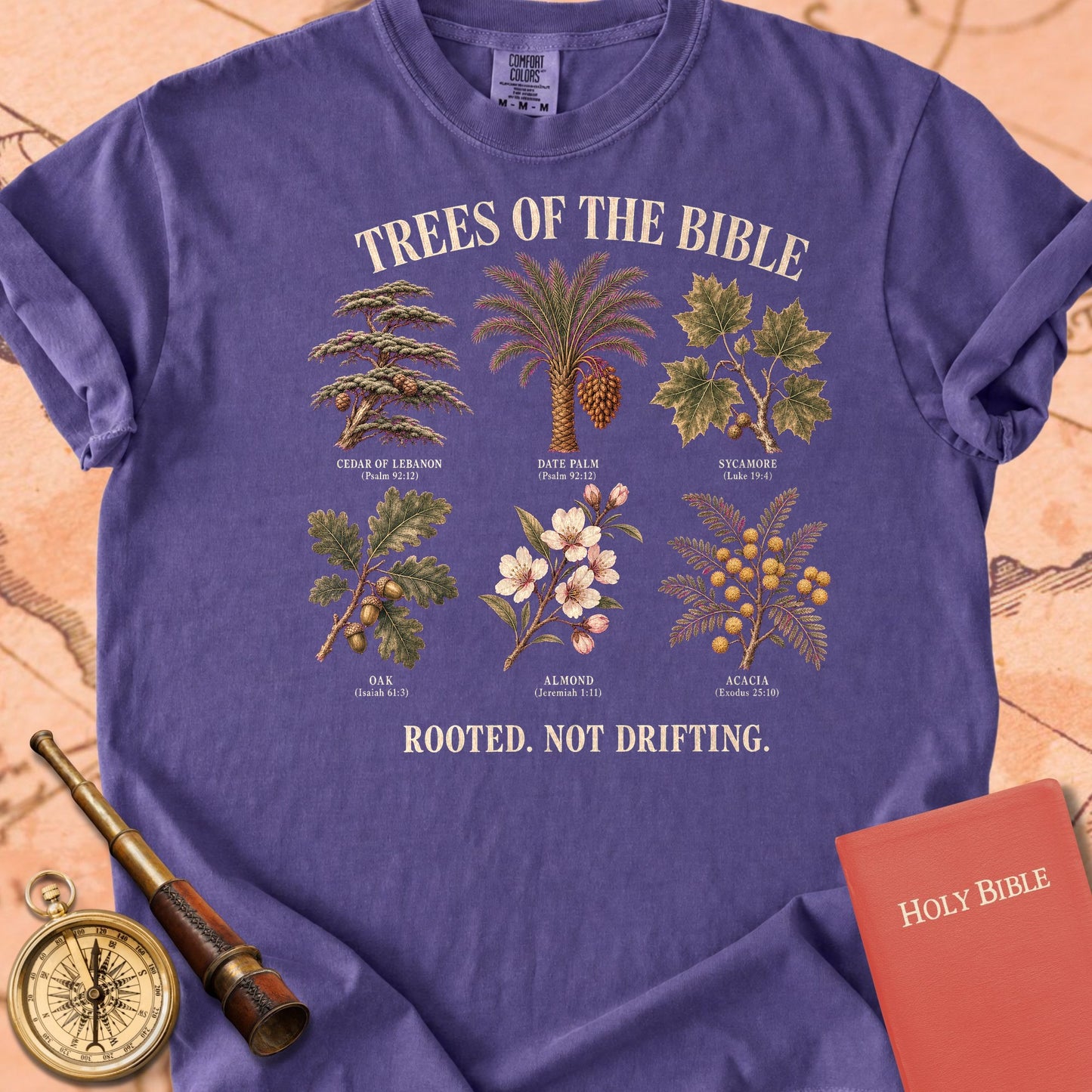 Trees of the Bible "Rooted. Not Drifting." | Psalm 92:12 Botanical Christian Tee