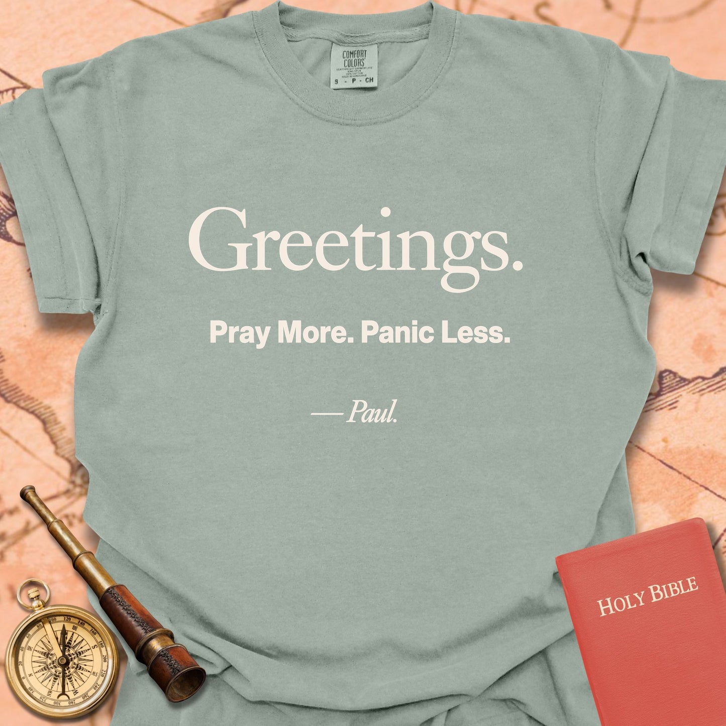 Greetings. Pray More. Panic Less. -Paul Premium T-shirt