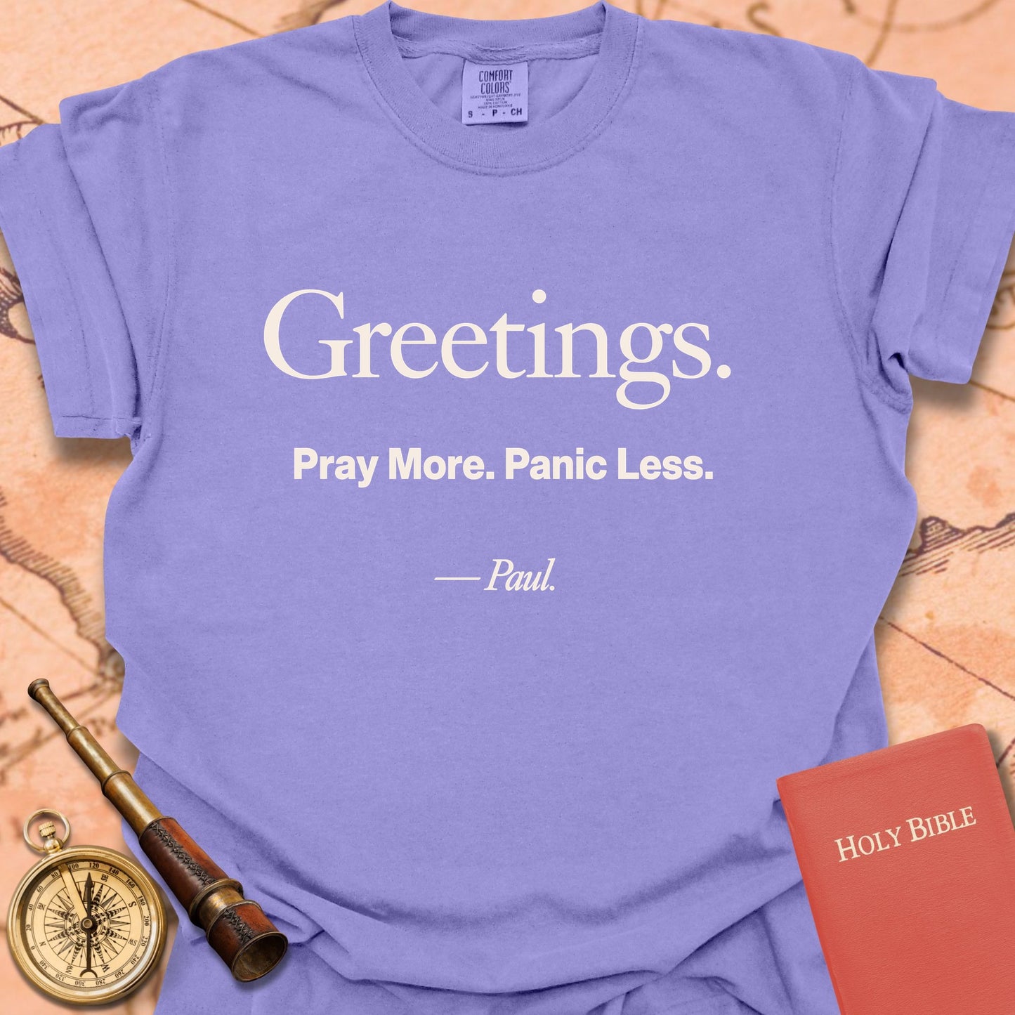 Greetings. Pray More. Panic Less. -Paul Premium T-shirt