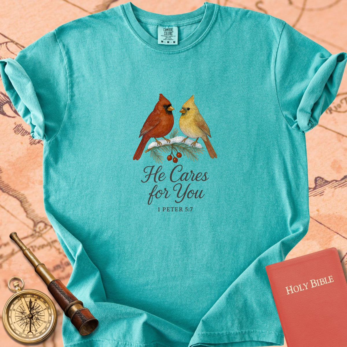 He Cares for You — Cardinals Premium T-shirt — Seafoam Comfort Colors