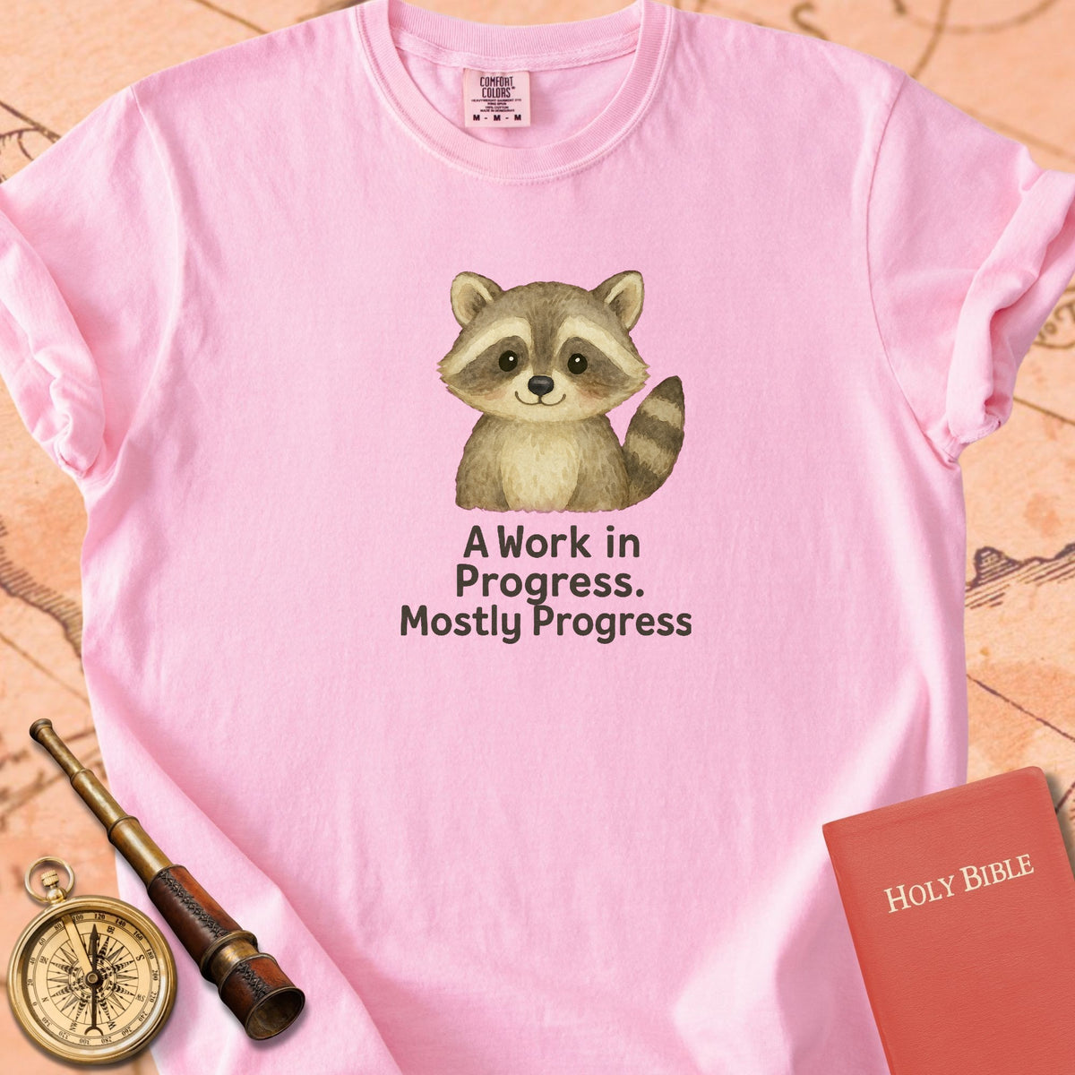 A Work in Progress, Mostly Progress — Cute Raccoon Premium T-shirt — Blossom Comfort Colors