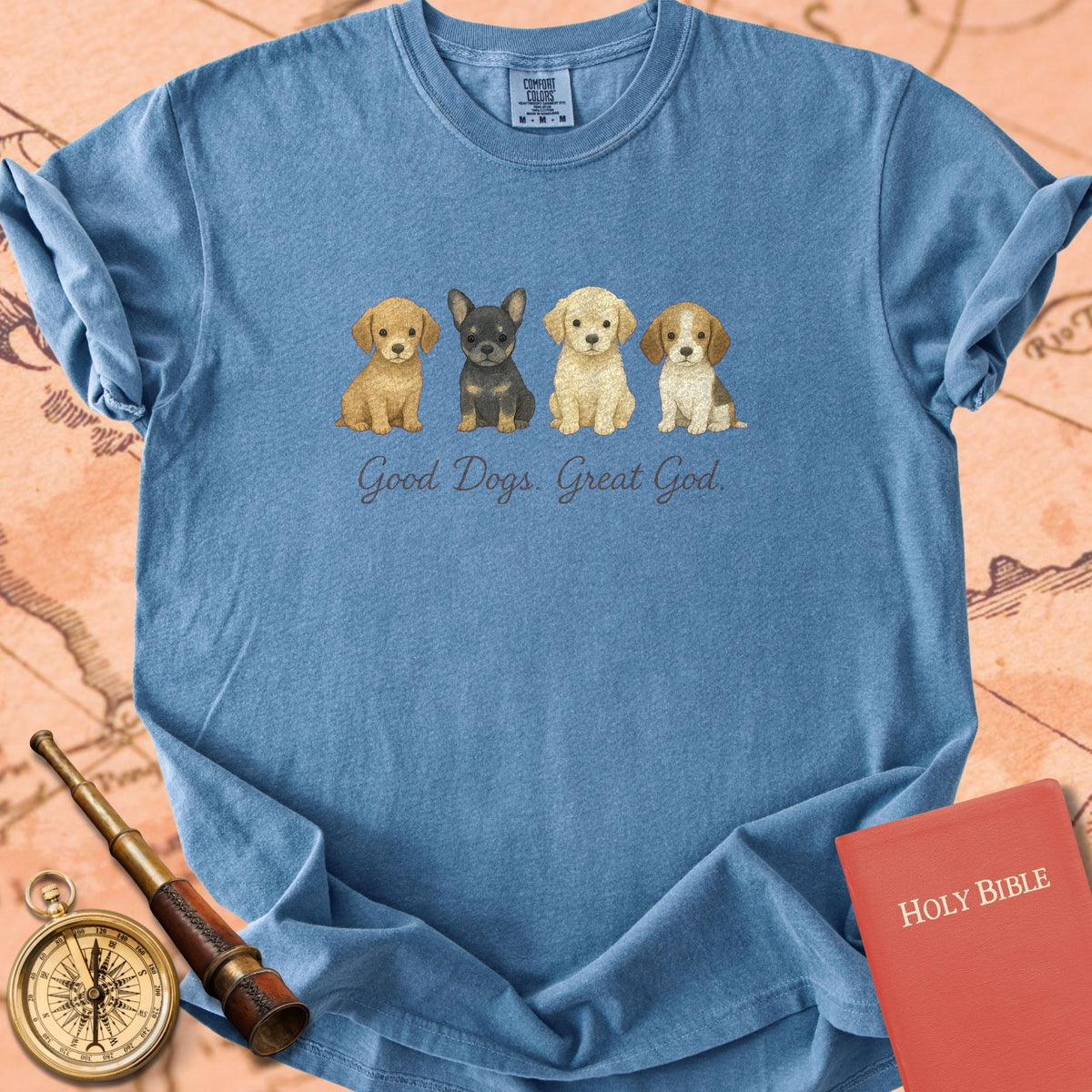 Good Dogs, Great God — Tiny Puppies Premium T-shirt — Blue Jean Comfort Colors