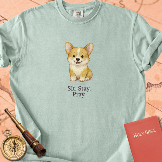 Sit. Stay. Pray. — Cute Corgi Premium T-shirt — Bay Comfort Colors