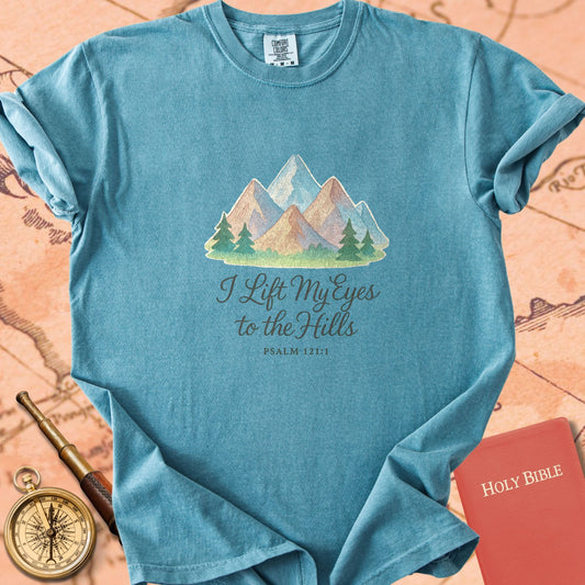 I Lift My Eyes to the Hills — Mountains Premium T-shirt — Ice Blue Comfort Colors