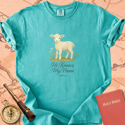 He Knows My Name — Lamb Premium T-shirt — Seafoam Comfort Colors
