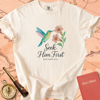 Seek Him First — Hummingbird Premium T-shirt — Ivory Comfort Colors
