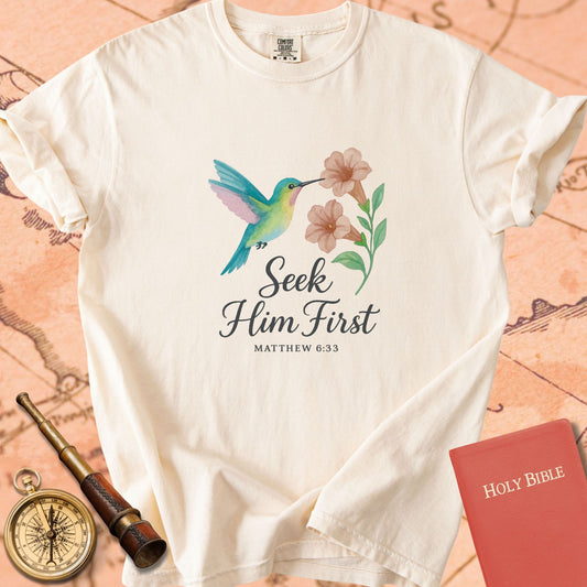 Seek Him First — Hummingbird Premium T-shirt — Ivory Comfort Colors