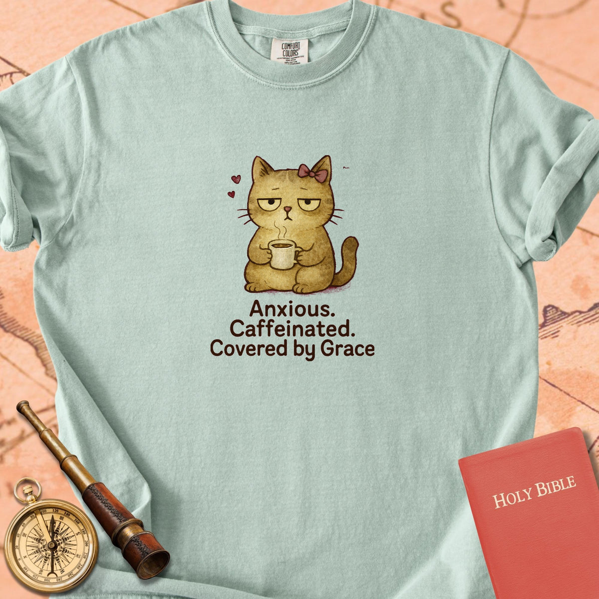 Anxious, Caffeinated, Covered by Grace — Cute Cat Premium T-shirt — Bay Comfort Colors