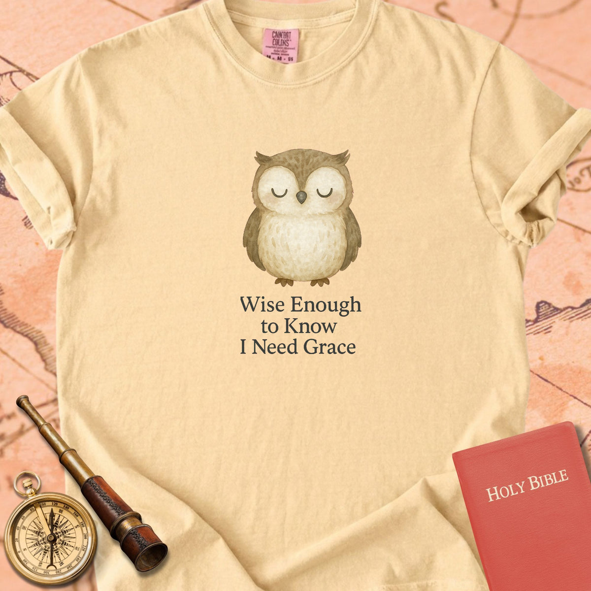 Wise Enough to Know I Need Grace — Cute Owl Premium T-shirt — Butter Comfort Colors