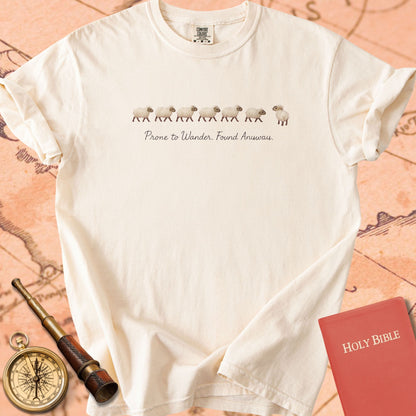 Prone to Wander, Found Anyway — Tiny Sheep Premium T-shirt — Ivory Comfort Colors