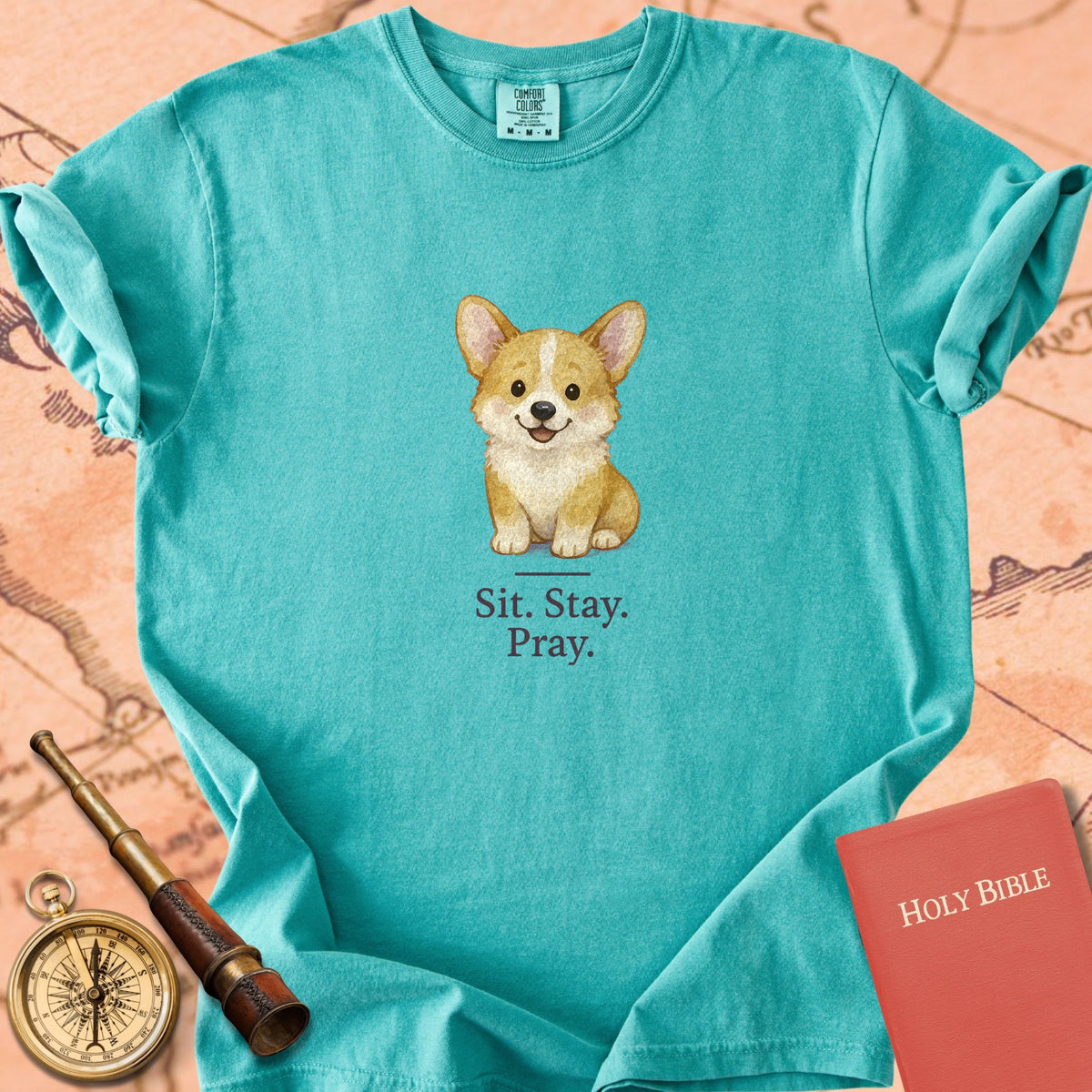 Sit. Stay. Pray. — Cute Corgi Premium T-shirt — Seafoam Comfort Colors
