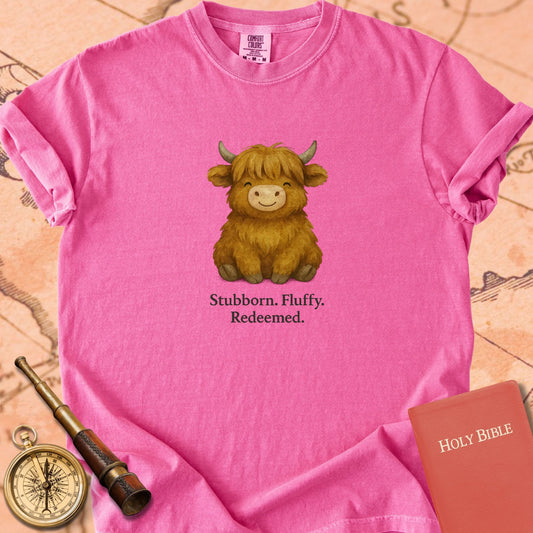 Stubborn, Fluffy, Redeemed — Cute Highland Cow Premium T-shirt — Crunchberry Comfort Colors