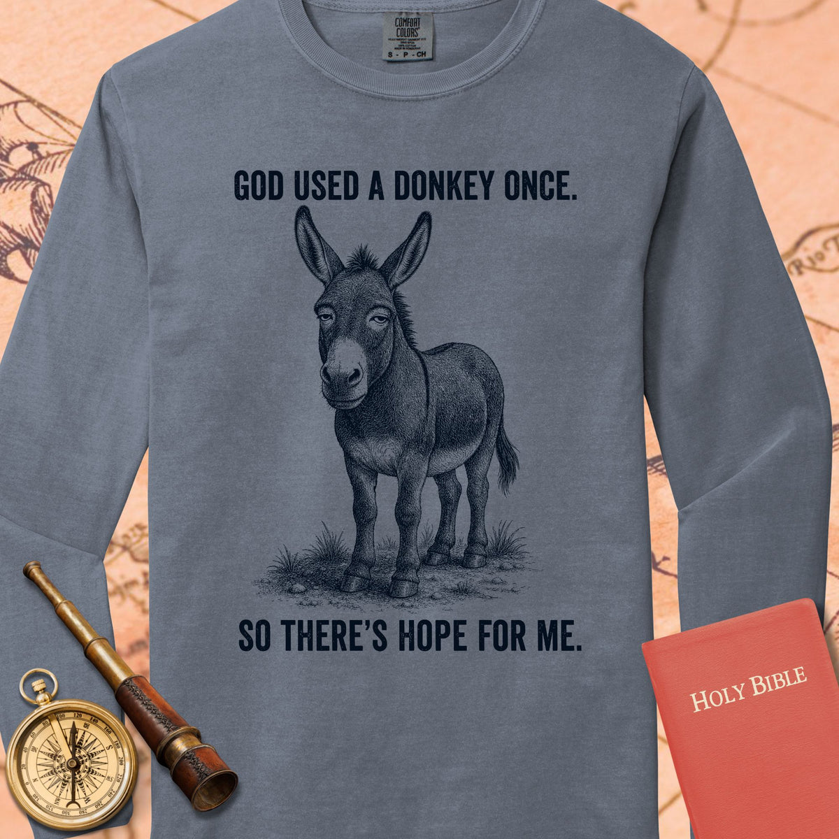 God Used a Donkey Once — Blue Jean Comfort Colors long sleeve