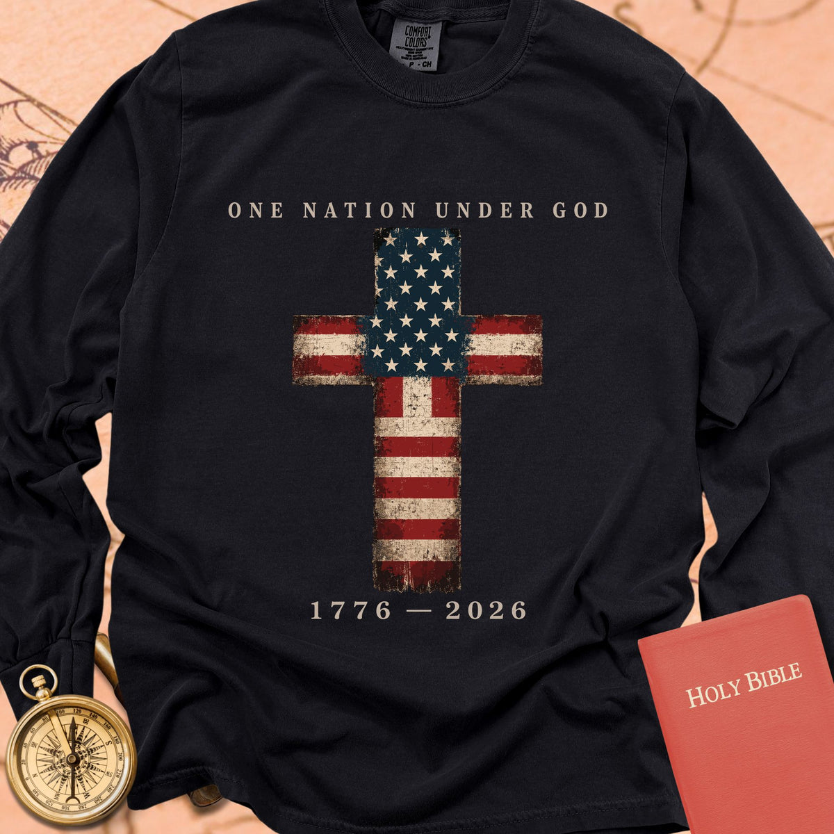 One Nation Under God — Black Comfort Colors long sleeve
