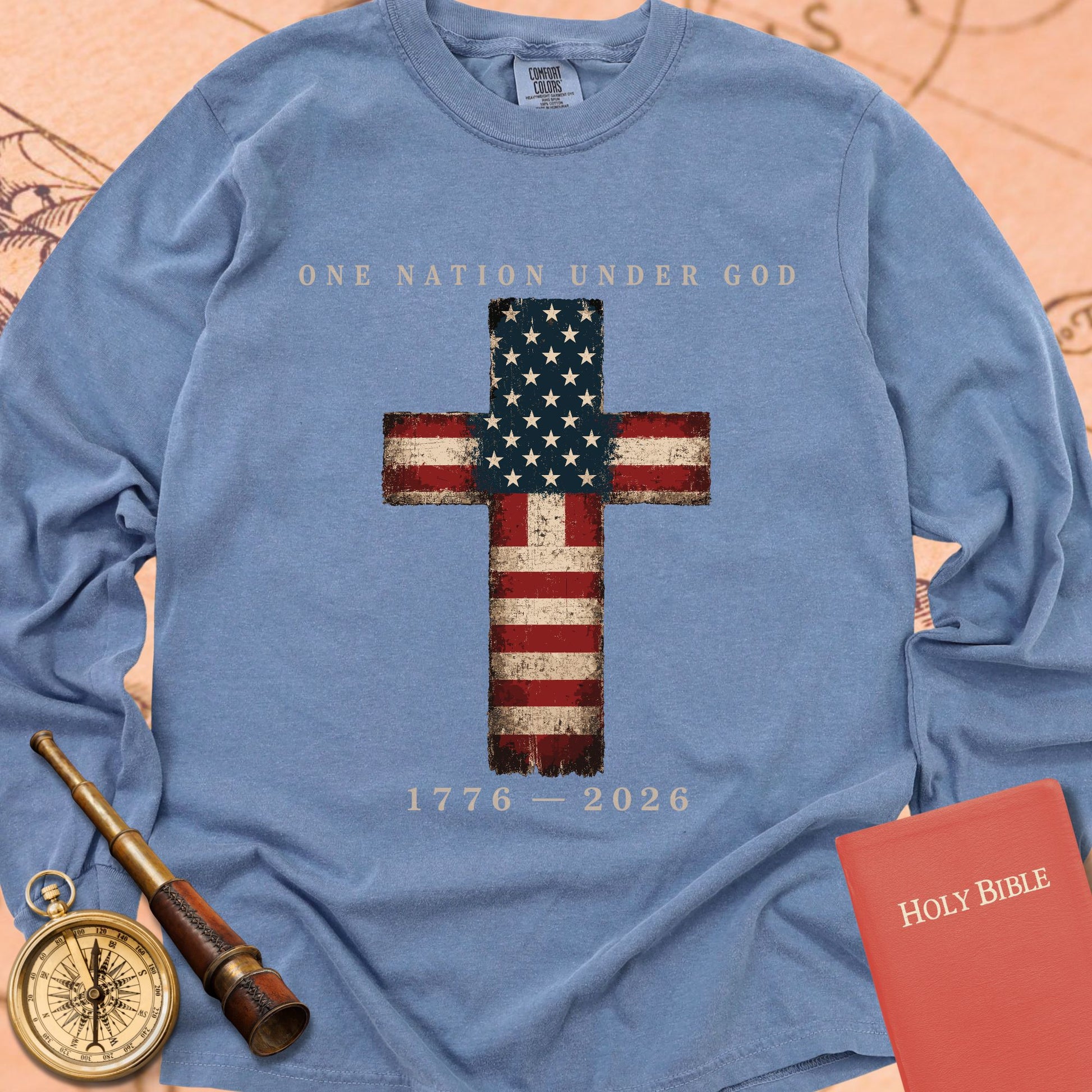 One Nation Under God — Blue Jean Comfort Colors long sleeve