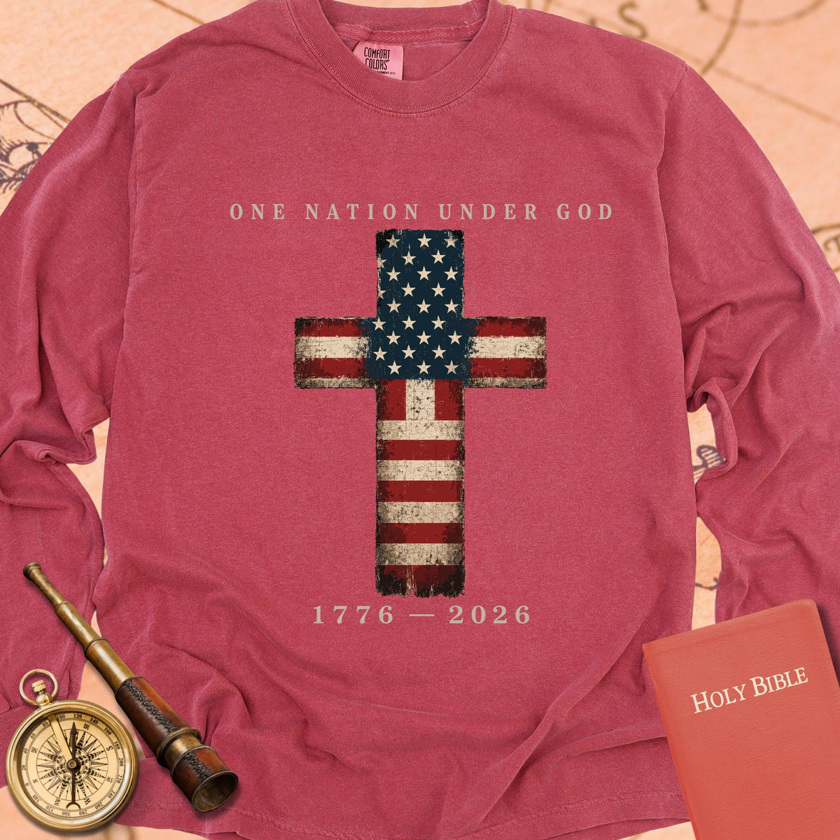 One Nation Under God — Crimson Comfort Colors long sleeve