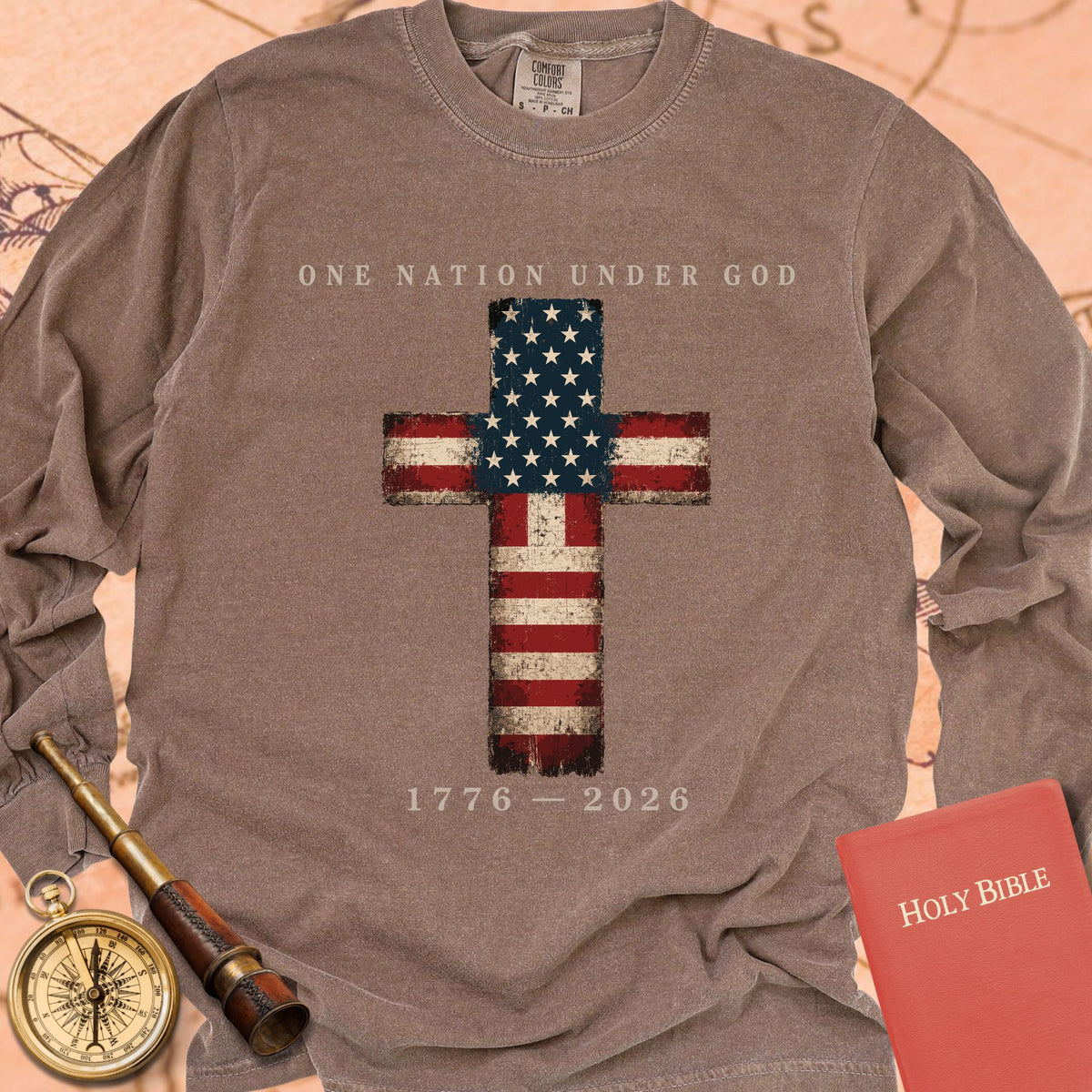 One Nation Under God — Espresso Comfort Colors long sleeve