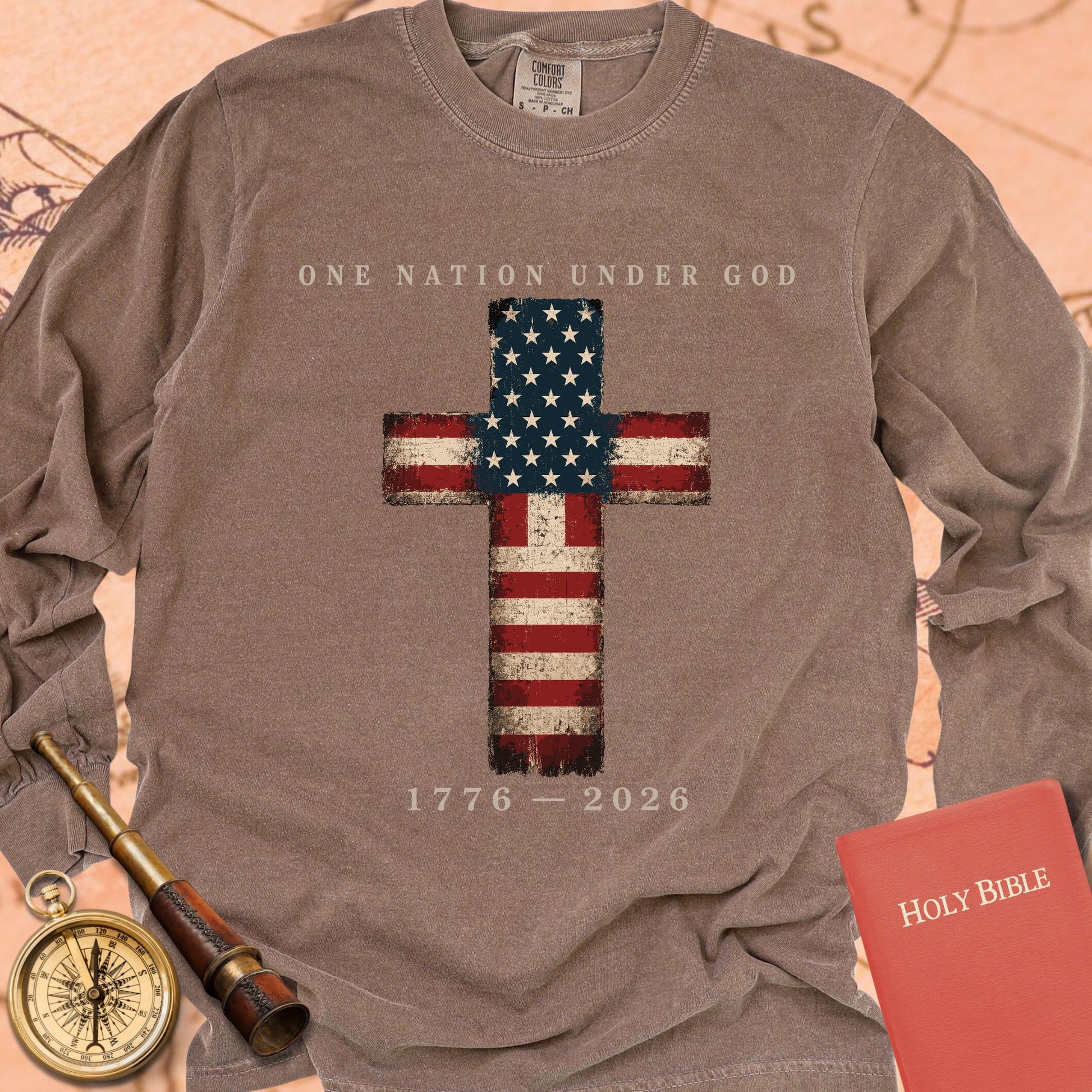 One Nation Under God — Espresso Comfort Colors long sleeve