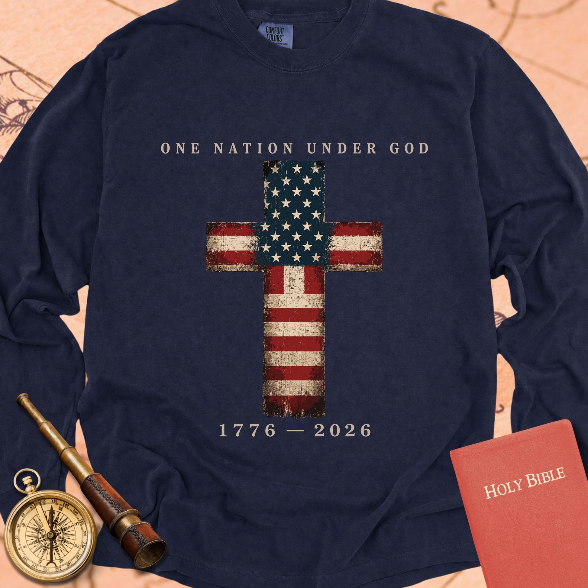 One Nation Under God — True Navy Comfort Colors long sleeve