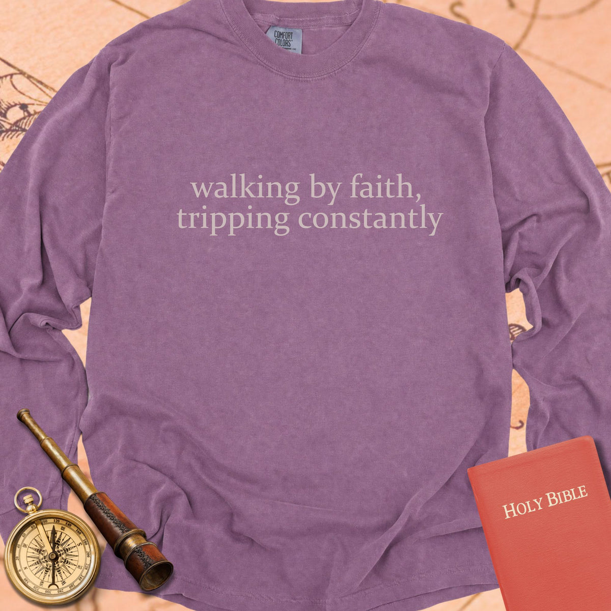 Walking by Faith, Tripping Constantly — Berry Comfort Colors long sleeve